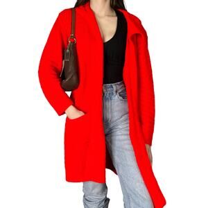 Vintage 70s Red Open Front Longline Cardigan Sweater Pockets Milrank